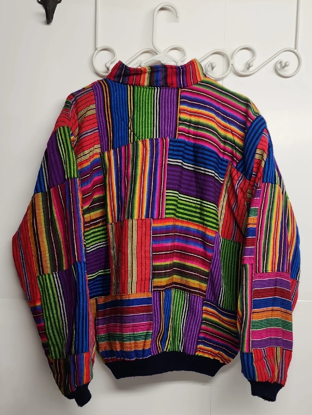 Made In Guatamala Colorful Striped Patchwork Artisan Bomber Jacket- Bright Multi